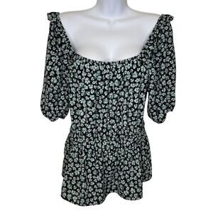 Nine West Peplum Short Balloon Sleeve Blue and White Floral Top Blouse Size L